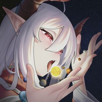 1girl ahoge earth_(planet) eyes_visible_through_hair giant giantess hair_between_eyes highres horns indie_virtual_youtuber jupiter_(planet) mars_(planet) mercury_(planet) miaokong neptune_(planet) open_mouth planet pointy_ears red_eyes saliva second-party_source sky solar_system solo space star_(sky) starry_sky sun tongue tongue_out uranus_(planet) venus_(planet) virtual_youtuber white_hair