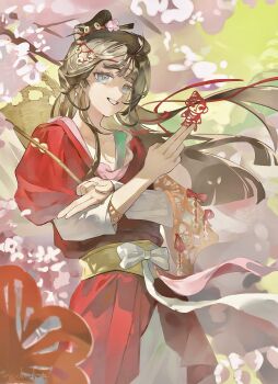 Rule 34 | 1girl, absurdres, between fingers, black hair, blue eyes, chinese clothes, chinese commentary, chinese paper-cut, commentary request, facial mark, floating hair, flower, forehead mark, green background, grin, hair branch, hair bun, hands up, hanfu, hat on back, highres, holding, holding paper, layered sleeves, long hair, long sleeves, paper, paper heron, papercutting, pink flower, red hanfu, reverse:1999, short over long sleeves, short sleeves, smile, solo, upper body, weimao, wu fuzuoyong