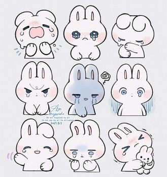 Rule 34 | > <, :d, ^ ^, animal, animal focus, ayu (mog), blush stickers, closed eyes, closed mouth, commentary, commentary request, crying, dated, english commentary, grey background, holding, holding stuffed toy, mixed-language commentary, multiple views, no humans, notice lines, open mouth, original, rabbit, signature, simple background, smile, squiggle, streaming tears, stuffed animal, stuffed rabbit, stuffed toy, teardrop, tears, twitter username, v-shaped eyebrows, watermark