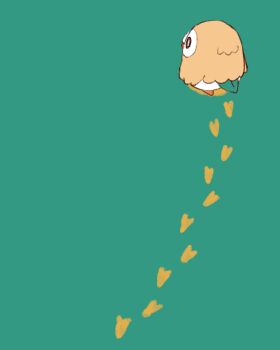 commentary_request footprints from_behind full_body gen_7_pokemon green_background nintendo no_humans open_mouth piku_(another_pikuru) pokemon pokemon_(creature) pokemon_focus rowlet simple_background solo