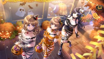 3girls bandages bat_(animal) black_hair breasts brown_hair candy cleavage closed_mouth dolphin_wave food game_cg ghost halloween halloween_bucket halloween_costume happy_halloween hat highres hirasaka_yuno jack-o&#039;-lantern kamie_tsugumi large_breasts lollipop long_hair multiple_girls mummy_costume naked_bandage non-web_source official_art ootomo_takuji open_mouth outdoors pumpkin purple_eyes red_eyes short_hair smile suminoe_shion walking wig witch_hat yellow_eyes