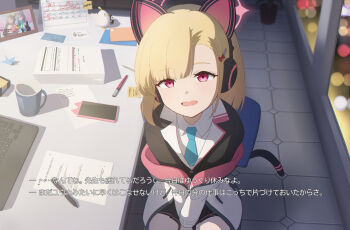 1girl :d aged_up alternate_costume alternate_hairstyle animal_ear_headphones animal_ears between_legs black_skirt black_suit blue_archive blue_necktie blunt_bangs blush bow cat_ear_headphones cat_ears cat_tail character_print collared_shirt commentary_request computer cowboy_shot desk eyelashes fake_animal_ears fake_screenshot fake_tail foreshortening formal_clothes hair_bow hair_ornament hairclip halo hamachikichiki hand_between_legs happy headphones highres indoors jacket jacket_partially_removed laptop looking_at_viewer medium_hair miniskirt momoi_(blue_archive) necktie nonomi_(blue_archive) open_clothes open_jacket open_mouth partial_commentary photo_(object) pink_halo pleated_skirt red_bow red_eyes shiroko_(blue_archive) shirt sitting skirt smile solo straight-on subtitled suit tail teeth tile_floor tiles translation_request upper_teeth_only v_arms white_jacket white_shirt