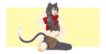 Rule 34 | 1girl, animal ears, black hair, cat ears, cat girl, cat tail, commentary, dungeon meshi, floral background, full body, highres, izutsumi, midriff, navel, orange eyes, pelvic curtain, portuguese commentary, red scarf, scarf, seujao69, short hair, solo, tail, tongue, tongue out, yellow background