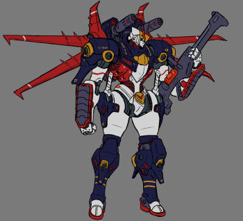 armor blue_armor blue_eyes body_writing clenched_hands commentary crossover english_commentary english_text full_body fusion g-fighter grey_background gun gundam highres holding holding_gun holding_weapon joints lancer_rpg mecha mecha_focus mechanical_wings mechanization mobile_suit mobile_suit_gundam multicolored_armor multiple_wings no_humans red_armor red_wings redesign rifle robot robot_joints science_fiction shadefish1 shoulder_armor shoulder_cannon simple_background standing v-fin weapon white_armor wings yellow_armor