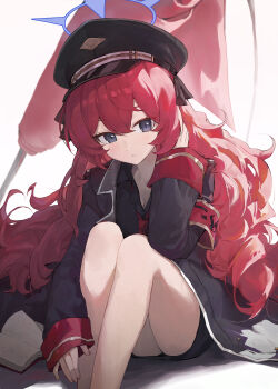 1girl absurdres black_coat black_hat black_shirt blue_archive blue_halo book breasts cleavage coat commentary_request grey_eyes halo hat highres iroha_(blue_archive) jianjia knees_up long_hair looking_at_viewer necktie on_floor open_book peaked_cap red_hair red_necktie shirt sitting small_breasts solo