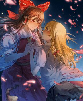 2girls ahoge aihara-rina alternate_costume ascot black_skirt blonde_hair blue_sweater_vest blush bow brown_eyes brown_hair chinese_commentary closed_mouth commentary_request detached_sleeves eye_contact falling_petals feet_out_of_frame fingernails frilled_hair_tubes frilled_shirt_collar frills hair_bow hair_ribbon hair_tubes hakurei_reimu highres holding_hands japanese_clothes kirisame_marisa long_hair long_sleeves looking_at_another miniskirt multiple_girls no_headwear open_mouth petals red_bow red_ribbon red_skirt red_vest ribbon ribbon-trimmed_bow ribbon-trimmed_sleeves ribbon_trim rope sarashi school_uniform short_hair sidelocks skirt smile sweater_vest touhou tress_ribbon very_long_hair vest white_sleeves wing_collar yellow_ascot yellow_eyes yuri