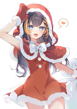 1girl alternate_costume arm_up black_hair blonde_streaks blue_eyes bow bowtie braid capelet commentary_request cowboy_shot dress fur-trimmed_capelet fur-trimmed_dress fur-trimmed_gloves fur_trim gloves heart highres hood hooded_capelet long_hair looking_at_viewer multicolored_hair nijisanji nijisanji_en official_alternate_hairstyle open_mouth petra_gurin red_capelet red_dress red_gloves santa_costume santa_dress simple_background solo spoken_heart streaked_hair twitter_username virtual_youtuber white_background white_bow white_bowtie zuwaineko