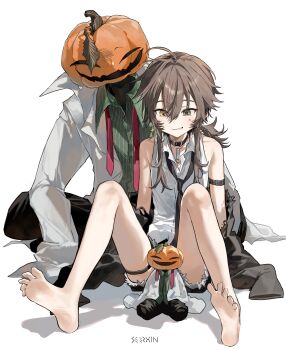 Rule 34 | 1boy, 1other, absurdres, arm strap, artist name, bare shoulders, barefoot, belt collar, black necktie, brown hair, character doll, collar, collared shirt, commentary, doll, feet, front-to-back, grey eyes, heterochromia, highres, jack-o'-lantern head, knees up, necktie, original, pumpkin head, seeshin see, shadow, shirt, simple background, sitting, sleeveless, sleeveless shirt, smile, soles, sweatdrop, symbol-only commentary, thigh strap, toes, trap, white background, white shirt, yellow eyes