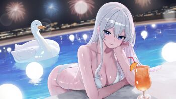 1girl aerial_fireworks bare_arms bare_shoulders bent_over bikini blue_eyes blurry blurry_background breasts cleavage commission cup drinking_glass fireworks glint halterneck harin_(byeolbich) head_rest highres hurricane_glass inflatable_toy large_breasts long_hair looking_at_viewer night original outdoors parted_lips pool second-party_source sei_(0724sei6) sidelocks smile solo string_bikini swimsuit wet white_bikini white_hair