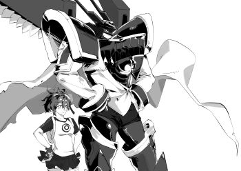 absurdres aiba_ami alphamon black_helmet black_shirt black_skirt breasts dawu233 digimon digimon_(creature) digimon_story:_cyber_sleuth goggles goggles_on_head helmet highres knight kuremi_kyouko multiple_girls pleated_skirt print_shirt red_hair shirt side_ponytail simple_background skirt thighhighs two-tone_shirt white_background yellow_shirt yellow_thighhighs