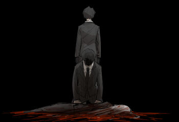 Rule 34 | 1girl, angelica (project moon), behind another, black background, black gloves, black hair, black jacket, black necktie, black pants, black suit, blood, censored, censored identity, collared shirt, commentary request, death, formal clothes, gloves, jacket, jacket suit, kankan33333, kneeling, library of ruina, long hair, looking down, necktie, pants, pool of blood, project moon, roland (project moon), shaded face, shirt, short hair, spoilers, standing, suit, white hair, white shirt