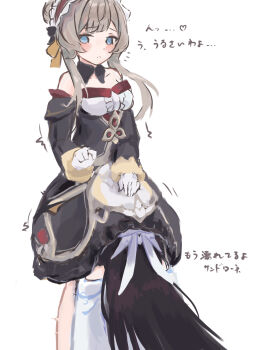 Rule 34 | 2girls, absurdres, black dress, black hair, blue eyes, blush, brown hair, closed mouth, columbina (genshin impact), commentary request, cunnilingus, detached collar, dress, genshin impact, gloves, headdress, highres, ituo, multiple girls, off-shoulder dress, off shoulder, oral, sandrone (genshin impact), simple background, standing, standing cunnilingus, translation request, white background, white dress, white gloves, yuri