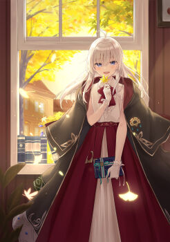 1girl :d ahoge azuuru bare_arms black_cape black_capelet blue_eyes blush book brooch cape capelet collared_shirt elaina_(majo_no_tabitabi) ginkgo_leaf gloves hair_between_eyes high-waist_skirt highres holding holding_book holding_leaf hood hood_up hooded_capelet indoors jewelry leaf long_hair long_skirt looking_at_viewer majo_no_tabitabi maple_leaf open_mouth open_window purple_eyes red_skirt robe shirt short_sleeves skirt smile solo standing teeth textless_version upper_teeth_only white_gloves white_hair white_shirt window witch