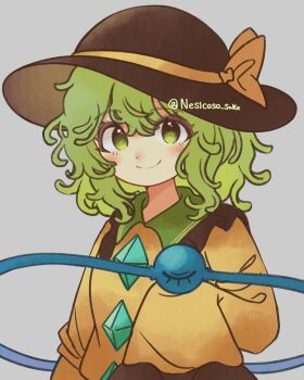 1girl black_hat blouse blush bow buttons chamusuke_(nesicoso_suke) diamond_button eyeball frilled_shirt_collar frilled_sleeves frills green_eyes green_hair hat hat_bow hat_ribbon highres komeiji_koishi light_smile ribbon shirt third_eye touhou upper_body yellow_bow yellow_ribbon yellow_shirt