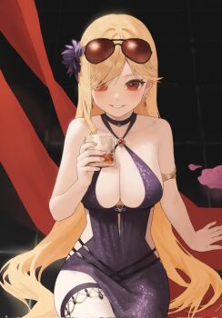 Rule 34 | 1girl, blonde hair, breasts, cleavage, commentary, cup, dress, drink, earrings, eyewear on head, flower, girls' frontline, hair flower, hair ornament, highres, holding, holding cup, jewelry, kir (khw66136132), long hair, looking at viewer, m2hb (break from the banquet) (girls' frontline), m2hb (girls' frontline), official alternate costume, purple dress, purple flower, red eyes, smile, solo, straight-on, sunglasses, white mouth