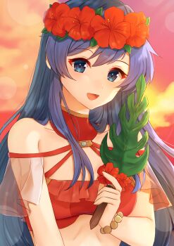 1girl :d bare_shoulders bikini blue_eyes blue_hair blush bracelet breasts day edamameoka fire_emblem fire_emblem:_the_binding_blade fire_emblem_heroes flower flower_wreath frilled_bikini frills head_wreath hibiscus highres jewelry leaf_fan lens_flare lilina_(fire_emblem) lilina_(summer)_(fire_emblem) long_hair nintendo official_alternate_costume open_mouth outdoors red_bikini red_flower red_sky see-through_clothes sky smile solo swept_bangs swimsuit upper_body very_long_hair