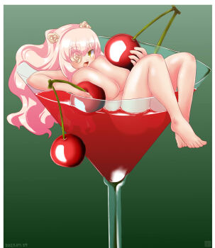 1girl alternate_breast_size_(larger) barefoot blush breasts cherry cocktail commentary_request dated flower flower_over_eye food fruit full_body gradient_background green_background highres huge_breasts itini-sanshi kirakishou long_hair looking_at_viewer mini_person minigirl open_mouth pink_hair rose rozen_maiden smile solo white_flower white_rose