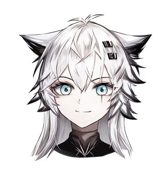 1girl animal_ears aqua_eyes arknights closed_mouth commentary_request cropped_head hair_between_eyes hair_ornament hairclip highres lappland_(arknights) long_hair looking_at_viewer scar scar_across_eye scar_on_face simple_background smile solo split_mouth white_background white_hair wolf_ears wolf_girl yoi_(a27963244)