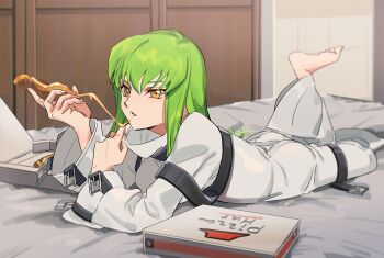 1girl barefoot c.c. cheese cheese_trail code_geass commentary_request dated_commentary food full_body grey_hair holding holding_food holding_pizza indoors long_hair looking_at_viewer lying mayuakakun on_bed on_stomach open_mouth pizza pizza_box pizza_hut pizza_slice sketch solo straitjacket the_pose yellow_eyes