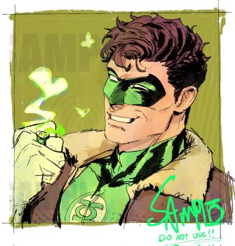 afra816 black_bodysuit bodysuit bomber_jacket brown_hair dc_comics domino_mask eye_mask gloves green_bodysuit green_lantern green_lantern_(series) green_lantern_corps hal_jordan highres jacket large_pectorals male_focus mask multicolored_bodysuit muscular muscular_male pectorals sample_watermark short_hair smile superhero_costume two-tone_bodysuit watermark white_gloves