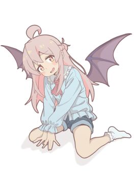 1girl :d ahoge alternate_costume alternate_hairstyle ascot bare_legs bat_wings blue_shirt blue_shorts blush bobby_socks braid brown_eyes child commentary double-parted_bangs frilled_shirt_collar frilled_sleeves frills full_body hair_bun half_up_braid head_tilt highres kneeling long_hair looking_at_viewer no_shoes onii-chan_wa_oshimai! open_mouth oyama_mahiro pink_hair red_ascot rtbspecter shirt short_shorts shorts simple_background smile socks solo white_background white_socks wings