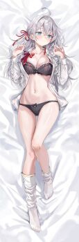 1girl absurdres ahoge alisa_mikhailovna_kujou asymmetrical_legwear bed_sheet black_bra black_panties blue_eyes blush bow bowtie bra breasts cleavage closed_mouth collared_shirt crossed_bangs dakimakura_(medium) embarrassed facing_viewer full_body grey_hair hair_between_eyes hair_ribbon hands_up highres large_breasts long_hair long_sleeves looking_to_the_side lying momoko_(momopoco) navel official_art on_back open_clothes open_shirt panties red_bow red_bowtie red_ribbon ribbon shirt solo tokidoki_bosotto_roshia-go_de_dereru_tonari_no_alya-san underwear uneven_legwear unworn_bowtie white_shirt wing_collar