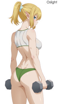 1girl bare_shoulders blonde_hair blue_eyes breasts commentary dumbbell dungeon_ni_deai_wo_motomeru_no_wa_machigatteiru_darou_ka elf english_commentary green_panties highres holding holding_dumbbell looking_at_viewer looking_back medium_breasts oslight panties pointy_ears ponytail ryu_lion simple_background solo sports_bra sports_panties underwear white_background