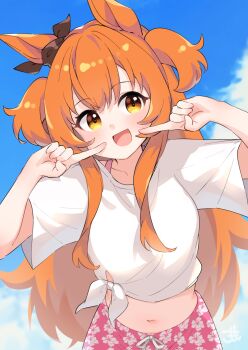 Rule 34 | 1girl, :d, animal ears, black bow, blue sky, bow, cloud, commentary request, comomo, cowboy shot, day, ear bow, fingers to cheeks, floral print, gaze on me! outfit (umamusume), hands up, highres, horse ears, horse girl, long hair, looking at viewer, mayano top gun (umamusume), midriff, navel, open mouth, orange eyes, orange hair, outdoors, shirt, short sleeves, sidelocks, sky, smile, solo, tied shirt, two side up, umamusume, very long hair, white shirt