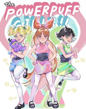 Rule 34 | 3girls, black hair, blonde hair, blossom (ppg), blue dress, blunt bangs, blush, bow, bubbles (ppg), buttercup (ppg), carrying, copyright name, dress, full body, green dress, hair bow, hashtag-only commentary, highres, long hair, looking at viewer, multiple girls, orange hair, pantyhose, pink dress, ponytail, powerpuff girls, realemonade, short hair, sleeveless, sleeveless dress, smile, standing, standing on one leg, twintails, white pantyhose