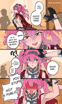 1boy 1girl artist_name black_gloves blush collar commentary earrings english_commentary gloves hair_between_eyes hairband headpat highres jewelry long_hair looking_at_viewer lupa_(wuthering_waves) male_rover_(wuthering_waves) metal_collar metal_hairband open_mouth pink_hair pov pov_hands rezilism rover_(wuthering_waves) smile tacet_mark_(wuthering_waves) tail toned toned_female twintails wolf_tail wuthering_waves