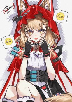 1girl :d absurdres animal_ear_fluff animal_ears arknights arknights:_endfield artist_name black_choker black_gloves blonde_hair cape chinese_commentary choker cloak commentary_request dated dress ears_through_headwear ears_through_hood fangs feet_out_of_frame fingerless_gloves gloves grey_background hands_up highres hood hood_up hooded_cape looking_at_viewer maocaocaocao open_mouth red_cape red_cloak red_hood rossi_(arknights) signature sitting skin_fangs smile solo speech_bubble spoken_emoji tail white_dress wolf_ears wolf_girl wolf_tail yellow_eyes