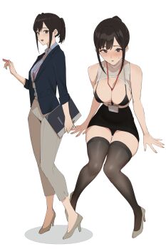 1girl absurdres between_breasts bikini bikini_top_only bikini_under_clothes black_bikini black_hair black_panties black_skirt black_thighhighs blazer blue_eyes blue_jacket blue_shirt blush breasts brown_footwear chalk cleavage collared_shirt commentary crop_top ear_piercing folder full_body grey_pants high_heels highres holding holding_chalk holding_folder invisible_chair jacket knees_together_feet_apart lanyard looking_at_viewer medium_breasts miniskirt multiple_views name_tag open_clothes open_jacket original panties pants pantyshot parted_lips pen_guin15 pencil_skirt piercing ponytail shirt shirt_tucked_in short_hair sidelocks simple_background sitting skirt sleeveless smile standing string_bikini sweatdrop swimsuit symbol-only_commentary teacher thighhighs underwear white_background wing_collar zettai_ryouiki