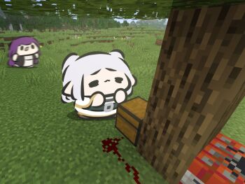 2girls booby_trap chibi commentary elf explosive fern_(sousou_no_frieren) forest frieren game_screenshot_background highres minecraft multiple_girls nature pointy_ears running screenshot_background sousou_no_frieren superappleman tnt tnt_block_(minecraft) tree untranslatable_commentary
