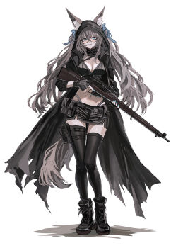 1girl :d absurdres animal_ear_fluff animal_ears ankle_boots belt belt_pouch black_boots black_coat black_gloves black_skirt black_thighhighs blue_bow blue_eyes boots bow breasts brown_hair cleavage coat commentary_request crop_top ears_visible_through_hair fingerless_gloves gloves gun hair_between_eyes hair_bow highres holding holding_gun holding_weapon hood hood_up hooded_coat long_hair long_sleeves looking_at_viewer medium_breasts miniskirt navel open_clothes open_coat open_mouth original pouch rifle shino_duka simple_background skindentation skirt smile sniper_rifle tail thigh_pouch thigh_strap thighhighs thong twintails very_long_hair weapon white_background zettai_ryouiki