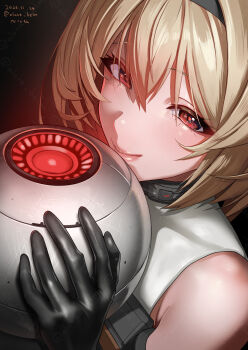 1girl absurdres alone_belm bare_shoulders black_gloves black_hairband blonde_hair closed_mouth commentary_request covered_collarbone dated elbow_gloves from_above gloves goddess_of_victory:_nikke hair_between_eyes hairband highres holding leotard looking_at_viewer medium_hair red_background red_eyes red_shoes_(nikke) sidelocks smile solo twitter_username upper_body watermark watermark_grid white_leotard