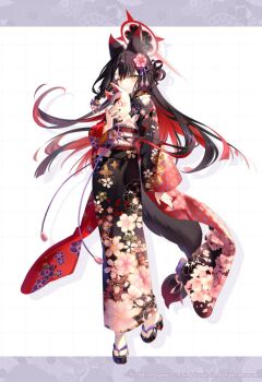 1girl animal_ear_fluff animal_ears black_kimono black_nails blue_archive brown_hair closed_mouth colored_inner_hair commentary_request fingernails floral_print floral_print_kimono flower fox_mask full_body hair_flower hair_ornament halo holding holding_mask japanese_clothes kimono long_hair looking_at_viewer mask multicolored_hair nail_polish obi official_art pink_flower print_kimono red_hair red_halo riichu sash smile socks solo tassel tassel_hair_ornament very_long_hair wakamo_(blue_archive) white_socks yellow_eyes