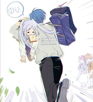 2boys 2girls :3 alternate_universe backpack bag black_bag black_pants blue_bag blue_hair bread bread_slice carrying child commentary_request contemporary falling_leaves fern_(sousou_no_frieren) food food_in_mouth fried_egg frieren himmel_(sousou_no_frieren) holding holding_umbrella leaf long_hair looking_at_another mouth_hold multiple_boys multiple_girls pants pantyhose parted_bangs parted_lips pleated_skirt purple_hair red_hair running school_uniform shirt short_hair shoulder_bag shoulder_carry skirt sousou_no_frieren stark_(sousou_no_frieren) toast toast_in_mouth twintails twitter_username umbrella watch white_shirt wristwatch yamasuke040