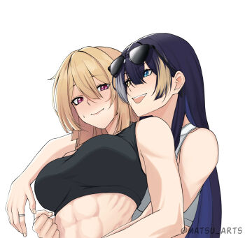 2girls abs absurdres artist_name black_shirt black_sports_bra blonde_hair blue_eyes blue_hair blush breasts closed_mouth commentary crop_top english_commentary eyewear_on_head heterochromia highres hug hug_from_behind jewelry lips long_hair looking_at_another looking_at_viewer matsu_arts medium_breasts multicolored_hair multiple_girls open_mouth original parted_lips purple_eyes ring shirt smile sports_bra streaked_hair sunglasses sweatdrop teeth twitter_username upper_body upper_teeth_only white_background white_shirt yellow_eyes yuri