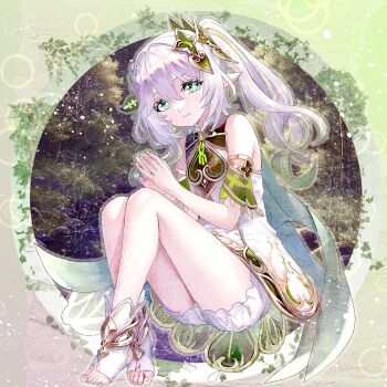 1girl bare_shoulders bloomers closed_mouth commentary_request cross-shaped_pupils detached_sleeves dress fingernails genshin_impact gold_trim green_eyes green_hair green_sleeves hair_between_eyes hair_ornament highres invisible_chair leaf_hair_ornament looking_at_viewer miyashirokiyu multicolored_hair nahida_(genshin_impact) own_hands_together pointy_ears sitting sleeveless sleeveless_dress smile solo stirrup_legwear symbol-shaped_pupils toeless_legwear toenails toes underwear white_bloomers white_dress white_hair