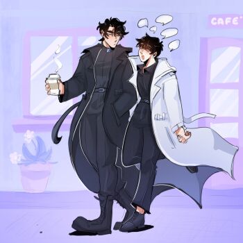 Rule 34 | 2boys, arm behind back, black coat, black hair, black shirt, blank speech bubble, boots, coat, collared shirt, commentary, cup, disposable cup, english commentary, full body, hand in pocket, highres, holding, holding cup, holding own hand, kim dokja, knee up, lumolyv, male focus, multiple boys, omniscient reader's viewpoint, open clothes, open coat, shirt, short hair, speech bubble, standing, standing on one leg, walking, white coat, yoo joonghyuk