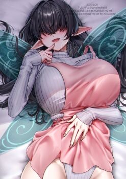 1girl apron artist_name bed_sheet black_hair blush breasts commentary_request commission covered_eyes dated fairy_wings finger_to_mouth fingernails hair_over_eyes hair_spread_out highres huge_breasts leotard long_hair long_sleeves lying on_back original partial_commentary pink_apron pointy_ears ribbed_leotard signature skeb_commission smile solo twitter_username very_long_hair white_leotard wings yayoi_maka
