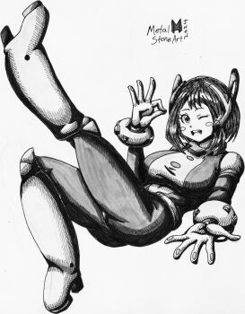 1girl absurdres artist_name belt blush_stickers bodysuit boku_no_hero_academia boots female_focus highres metalstoneart multicolored_bodysuit ok_sign one_eye_closed short_hair sidelocks skin_tight solo superhero_costume uraraka_ochako uraraka_ochako_(hero_outfit) watermark wink