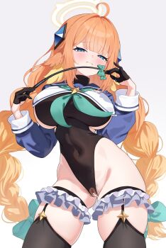 1girl ahoge black_gloves black_leotard blue_archive blue_shrug braid braided_twintails breasts censored closed_mouth commentary covered_navel fang feather_hair feathers female_pubic_hair frills gloves half_gloves halo heart heart_censor highres holding holding_riding_crop impossible_clothes impossible_leotard large_breasts leotard long_hair looking_at_viewer low_twin_braids no_eyewear orange_hair pubic_hair pubic_hair_peek pussy_cutout riding_crop shimiko_(blue_archive) shimiko_(magical)_(blue_archive) shrug_(clothing) sketch skin_fang solo sweat tansui_san_(tcjp4784) twin_braids very_long_hair yellow_feathers yellow_halo