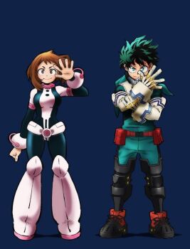 1boy 1girl belt black_bodysuit black_shoes blush_stickers bodysuit boku_no_hero_academia boots breasts brown_eyes brown_hair closed_mouth dot_nose elbow_gloves freckles full_body gloves green_eyes green_hoodie green_pants hood hoodie large_breasts long_glove long_sleeves looking_at_viewer mask medium_hair midoriya_izuku mouth_mask official_art pants pink_belt pink_boots pouch red_belt shoes short_hair smile superhero_costume thigh_boots tight_clothes tight_pants uraraka_ochako uraraka_ochako_(hero_outfit) white_gloves