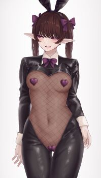 1girl absurdres alternate_costume animal_ears averting_eyes bodystocking bow breasts brown_hair cowboy_shot crotchless crotchless_pantyhose embarrassed fake_animal_ears fishnet_bodystocking fishnets hair_bow heart_maebari heart_pasties highres himekaidou_hatate long_sleeves maebari medium_breasts pantyhose pasties pointy_ears purple_bow purple_eyes rabbit_ears reverse_bunnysuit reverse_outfit shrug_(clothing) simple_background solo son_(c100011) touhou twintails white_background