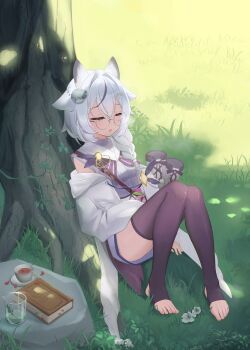 1girl absurdres against_tree animal animal_ears animal_on_head arm_at_side backlighting bird bird_on_head black_thighhighs book boots braid closed_eyes commentary commission cup day dress drooling english_commentary eyelashes feet flower full_body glasses grass hair_intakes hair_ornament hairclip highres kensiejan legs long_hair mouth_drool multicolored_hair no_shoes on_grass on_head open_mouth original outdoors parallel_hairclips rock round_eyewear shadow short_dress single_braid sleeping sleeveless sleeveless_dress solo stirrup_legwear streaked_hair tea teacup thighhighs thighs toeless_legwear toenails toes tree unworn_boots variant_set white_dress white_flower white_hair zzz