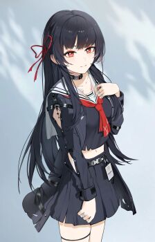 1girl absurdres arm_cutout black_choker black_hair black_jacket black_serafuku black_shirt black_skirt breasts bright_pupils chinese_commentary chisa_(wuthering_waves) choker closed_mouth clothing_cutout collarbone commentary_request crop_top hair_ribbon hand_up highres jacket long_hair long_sleeves looking_at_viewer medium_breasts midriff mole mole_under_eye navel neckerchief red_eyes red_neckerchief red_ribbon ribbon sailor_collar school_uniform serafuku shirt skirt smile solo tacet_mark_(wuthering_waves) thigh_strap thighs white_pupils white_sailor_collar wuthering_waves xiao_ye_zi_de_kuai_le