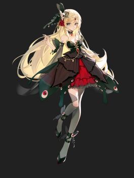 1girl absurdres animal_skull ankle_boots asymmetrical_legwear bare_shoulders black_background black_bow black_choker black_dress black_shoes black_sleeves blonde_hair boots bow breasts chinese_commentary choker circlet cleavage closed_mouth coattails commentary_request commission detached_sleeves dot_nose dress expressionless eye_print eyelashes frilled_dress frills full_body gem gold_circlet green_bow green_eyes grey_pantyhose grey_sleeves grey_thighhighs hair_bow hair_ornament hair_ribbon highres knee_cutout knee_up lace-trimmed_choker lace_trim layered_dress light_blush light_frown long_hair long_sleeves looking_at_viewer original pantyhose pendant_choker print_dress red_dress red_gemstone red_ribbon ribbon shanwenyufan shoes short_dress simple_background single_leg_pantyhose single_thighhigh skull_hair_ornament sleeve_bow small_breasts solo standing tachi-e thighhighs very_long_hair wavy_hair