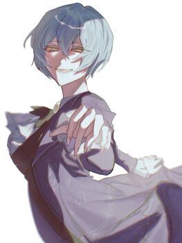 1girl angela_(project_moon) blue_coat blue_hair coat dress hair_between_eyes highres library_of_ruina project_moon short_hair simple_background smile solo standing tanakapppe white_background yellow_eyes