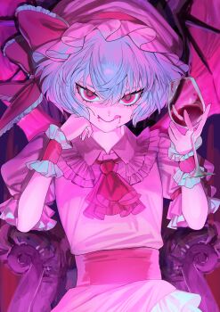 1girl absurdres alcohol artist_request ascot bat_wings blue_hair bow chair commentary_request cup drinking_glass frilled_bow frilled_shirt_collar frilled_wrist_cuffs frills hands_up hat hat_bow highres holding holding_cup licking_lips looking_at_viewer mob_cap on_chair pink_eyes pink_hat pink_shirt pink_theme pink_wings puffy_short_sleeves puffy_sleeves red_ascot red_bow red_wine remilia_scarlet sash second-party_source shirt short_hair short_sleeves sitting slit_pupils smile solo tongue tongue_out touhou touhou_project_exhibition:_harajuku_gensoukyou_2025_official wine wine_glass wings wrist_cuffs